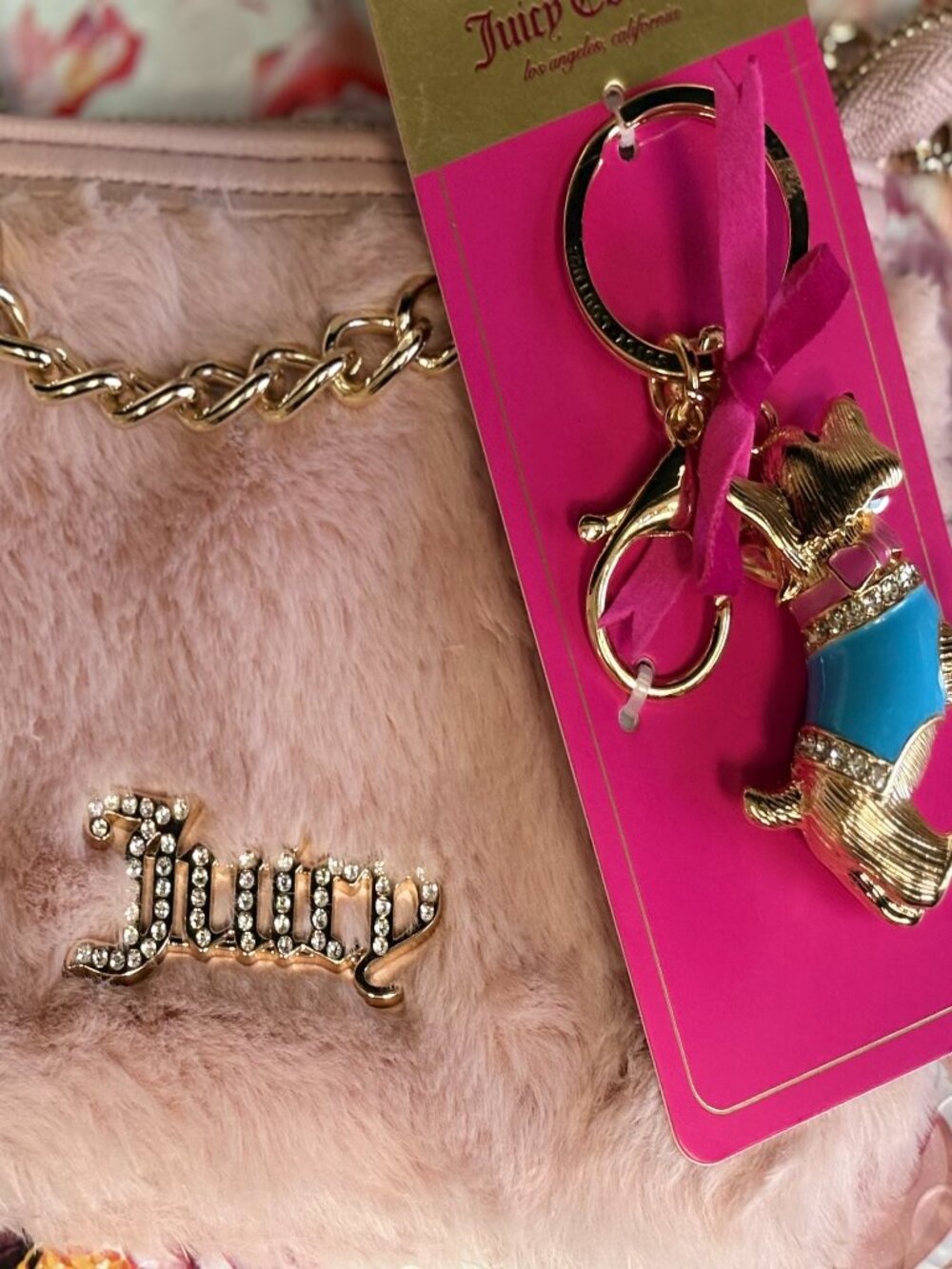 Juicy Couture Pink Fur Mini Bag Wristlet Scottie Dog Keychain Gift Set Bundle
